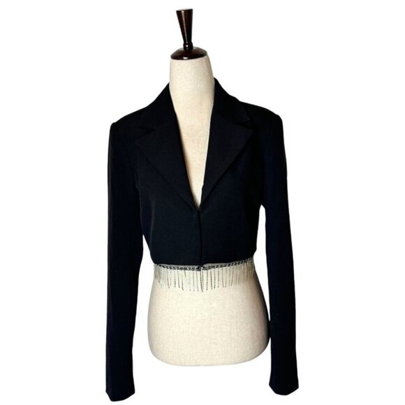 House Of Harlow 1960 Blazer‎ Women Small Black Cropped Rhinestone Fringe Coat - Picture 2 of 12